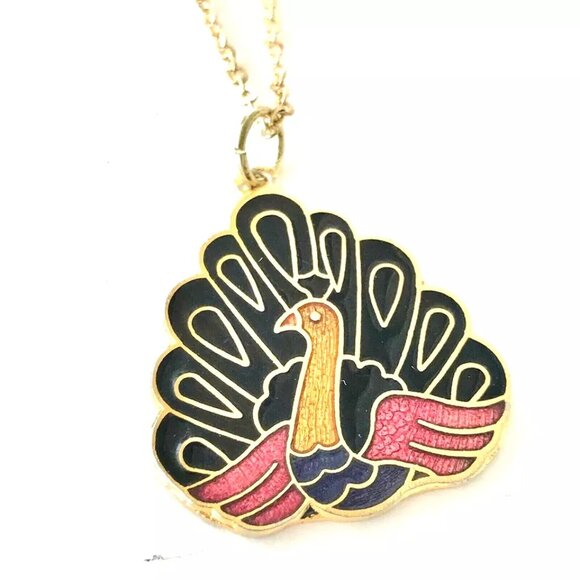 Vintage Cloisonné Peacock Pendant Necklace Enamel Gold Plated Purple Pink Black - Picture 2 of 11